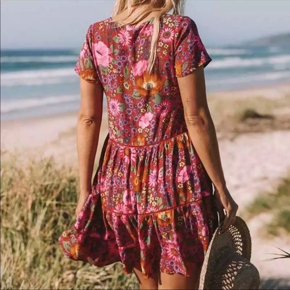 Tiered V Neck Boho Floral Gypsy Print Dress Red - Picture 2 of 10